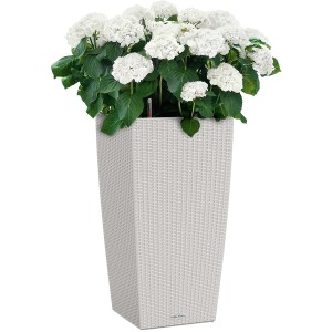 Pot de fleurs Lechuza Cubico Cottage, 56cm de haut, gris clair, avec hortensia blanc.