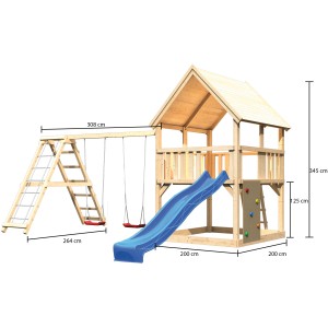 Tour de jeu Karibu Luis avec balançoire double, mur d'escalade et toboggan bleu. Structure de jeu en bois.