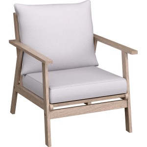 Fauteuil de jardin de l'ensemble lounge Woodsboro en acacia huilé avec coussins beiges.
