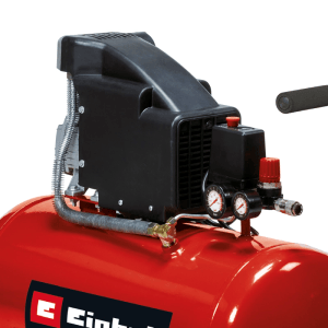 Compresseur Einhell TC-AC 190/50/8 : Détail du réservoir rouge avec réducteur de pression et manomètre.