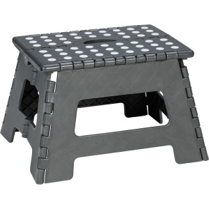 Sgabello pieghevole antracite con pois bianchi, ideale come gradino per casa, giardino e garage.