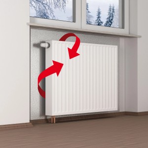 Pannello isolante Climapor 6 mm rivestito in alluminio dietro il radiatore con frecce rosse di riflessione del calore.