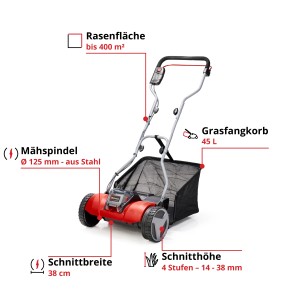 Einhell Power X-Change GE-HM 18/38 Li-Solo : Tondeuse à gazon manuelle avec bac de ramassage et manche réglable.