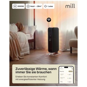 Termosifone a olio Mill Gentle Air WiFi nero 2000W in camera da letto, controllabile via app. Riscalda fino a 28m² silenziosamente.