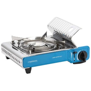 Fornello a gas Campingaz CampBistro DLX: Fornello da campeggio blu compatto con supporto per pentole.