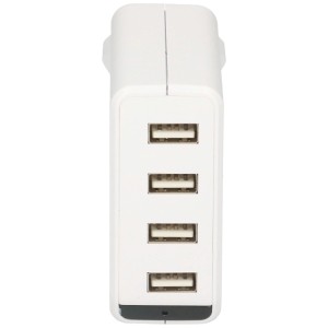 Weißer USB-Charger mit vier USB-Anschlüssen zum Laden von Geräten.