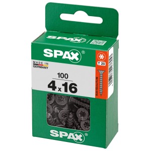 Vis universelles Spax 4x16 mm, zinguées noires, 100 pièces dans une boîte verte.