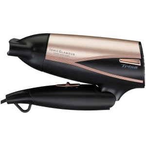 Sèche-cheveux de voyage Trisa Ionic Glamour, noir et or, 1600 W, avec concentrateur et anneau de suspension.