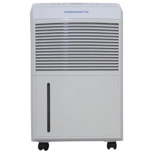 Déshumidificateur Kibernetik M30 blanc avec grille avant, indicateur de niveau d'eau et roulettes. 30 l/jour.