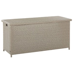 Coffre de rangement Modena en rotin taupe, 63x126x46cm, pour coussins de jardin.
