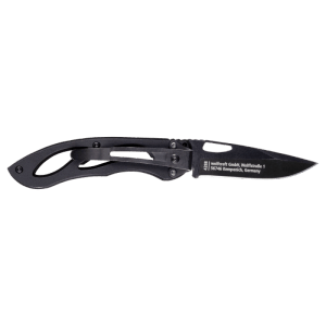 Coltello da tempo libero wolfcraft con lama liscia aperta da 70mm e manico in metallo nero. Robusto coltello pieghevole.