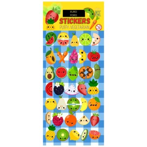 Stickerbogen mit lustigen 3D-Obst- und Gemüsemotiven, ideal für Deko- und Bastelprojekte.