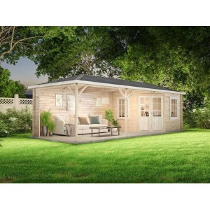 Abri de jardin Alpholz Mississippi-40 non traité avec toit en croupe et toit adossé dans le jardin.