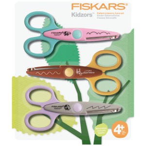 Fiskars Kinder-Dekorscheren Zootiere, 3er Set mit verschiedenen Tiermotiven und Mustern.