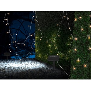 Catena luminosa solare con 50 LED, pannello solare nero, luce bianca calda per giardino e patio.