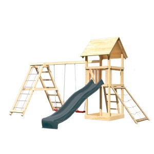 Karibu Spielturm Lotti mit Rutsche, Schaukel und Klettergerüst in Natur und Anthrazit.