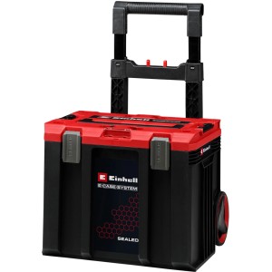 Mallette à outils Einhell E-Case L, rouge-noir, avec poignée télescopique et roues pour transport facile. Robuste et empilable.