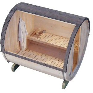 Sauna tonneau FinnTherm Mini S : Sauna en épicéa avec bardeaux, vue intérieure avec bancs et accessoires.
