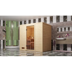 Sauna Woodfeeling Selena con porta in vetro bronzato e stufa da 9 kW in bagno.