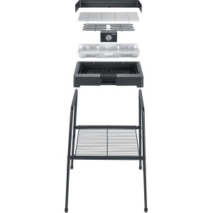 Severin PG 8566 grill sur pied démonté : grille, élément chauffant, bac à graisse et pieds.