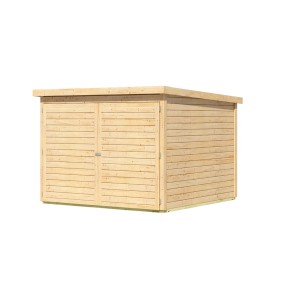 Garage per biciclette Karibu in legno naturale con doppia porta. Ideale per riporre le biciclette.