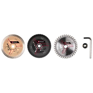 Set mini sega circolare Einhell, 5 pezzi, con lame per legno, plastica e piastrelle, incluso utensili.