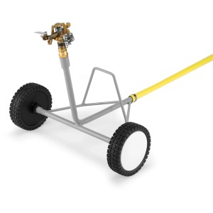 Carrello irrigatore Geka grigio-giallo con ruote e irrigatore in metallo per irrigazione giardino.