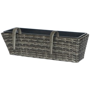 Jardinière rectangulaire en polyrotin gris anthracite avec support pour balcon ou terrasse.