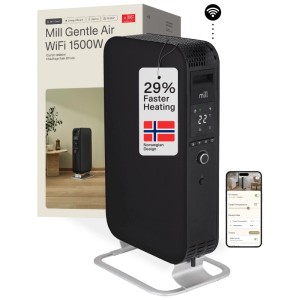 Radiatore a olio Mill Gentle Air WiFi nero 1500W con controllo app, display digitale e riscaldamento rapido.