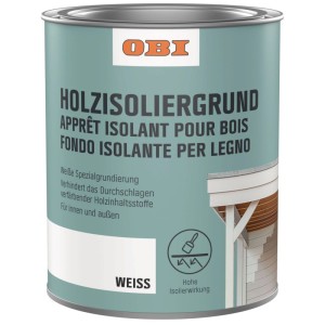 Barattolo OBI Fondo Isolante per Legno Bianco 375ml. Primer speciale bianco per legno, previene scolorimenti, alto potere isolante.