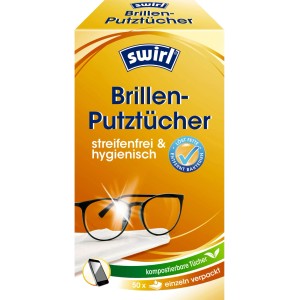 Lingettes Swirl pour lunettes 50 pces. Emballage jaune avec lunettes, sans traces, hygiéniques. Dissout graisses, élimine bactéries. Compostables, emballées individuellement.