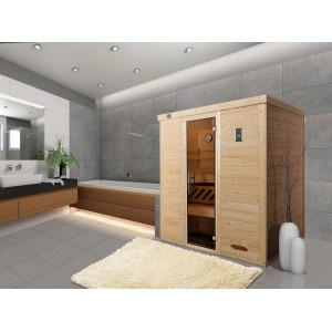 Sauna design Weka Kemi 4 avec porte en verre en bois clair, vue intérieure visible.