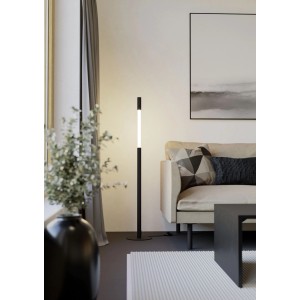 Lampada da terra LED Parabita nera e bianca con luce calda in soggiorno. Design moderno, dimmer touch, regolabile.