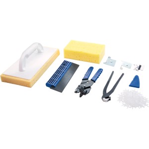 Set da piastrellista LUX, 9 pezzi, con frattazzo spugna, pinza per piastrelle, raschietto e altri accessori.