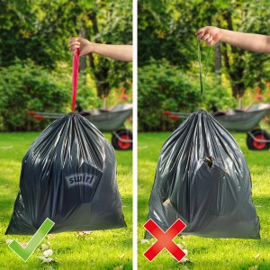Sacs poubelle Swirl® résistants, 120L, indéchirables avec cordon de serrage, en comparaison : remplis et intacts vs. endommagés.