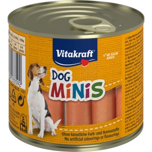 Lattina Vitakraft Dog Minis: snack premio per cani, salsicciotti, senza cereali, senza zucchero.