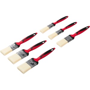 Set di 6 pennelli con manici in plastica rossa e setole sintetiche chiare per lavori di verniciatura.