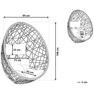 Illustrazione della sedia sospesa Beliani Alatri in polyrattan nero con dimensioni.