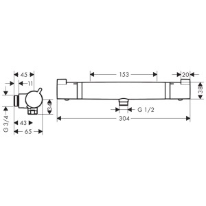 Disegno tecnico del termostatico doccia Hansgrohe Ecostat Comfort in cromo con dimensioni.