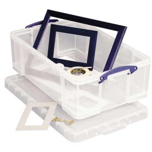 Transparente Aufbewahrungsbox 50L mit Deckel und Rahmen zur Aufbewahrung.