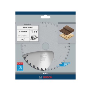 Lama sega circolare Bosch Optiline Wood 165mm, 36 denti, per tagli precisi su legno. Lama argentata in confezione blu.