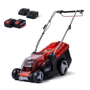 Tondeuse à batterie Einhell Power X-Change GE-CM 36/36 Li avec deux batteries et chargeurs, rouge/noir.