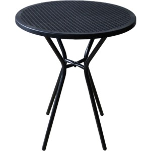 Runder schwarzer Gartentisch in Rattan-Optik mit stabilem X-Gestell aus Stahl. Ideal für Balkon & Terrasse.
