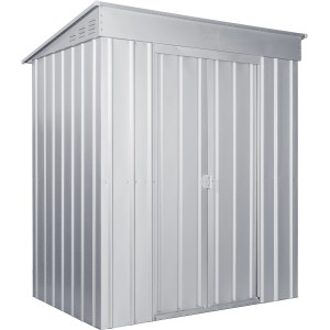 Abri de jardin en métal Globel Skillion 64, argent métallisé, avec toit monopente et porte.