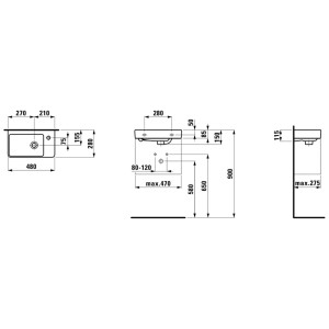 Schéma technique : Lave-mains Laufen Pro S, 48x28 cm, trou de robinet à droite, dimensions et détails.