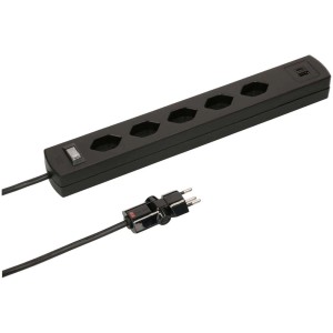 Multiprise noire Max Hauri avec 5 prises T13, 2 ports USB et fiche plate.