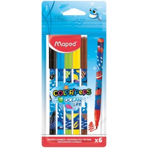 Maped Ocean Life, lot de 6 feutres avec motifs sous-marins et encre lavable.