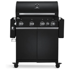 Burnhard Big Fred Deluxe Gasgrill Black Edition mit 4 Brennern, Seitenkochfeld und Unterschrank.