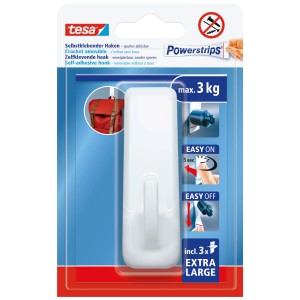 Tesa Powerstrips Haken, selbstklebend, extra gross, rechteckig, weiss. Hält bis zu 3 kg.