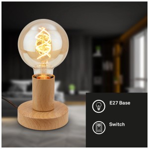Lampe de table Briloner E27 aspect bois avec ampoule visible et interrupteur à câble.